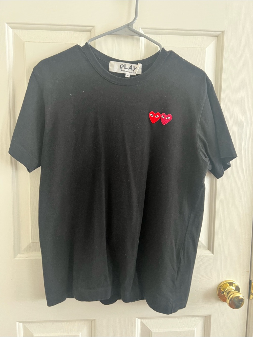 Comme des Garcons PLAY Black Short Sleeve T‑Shirt with Red Heart Logos